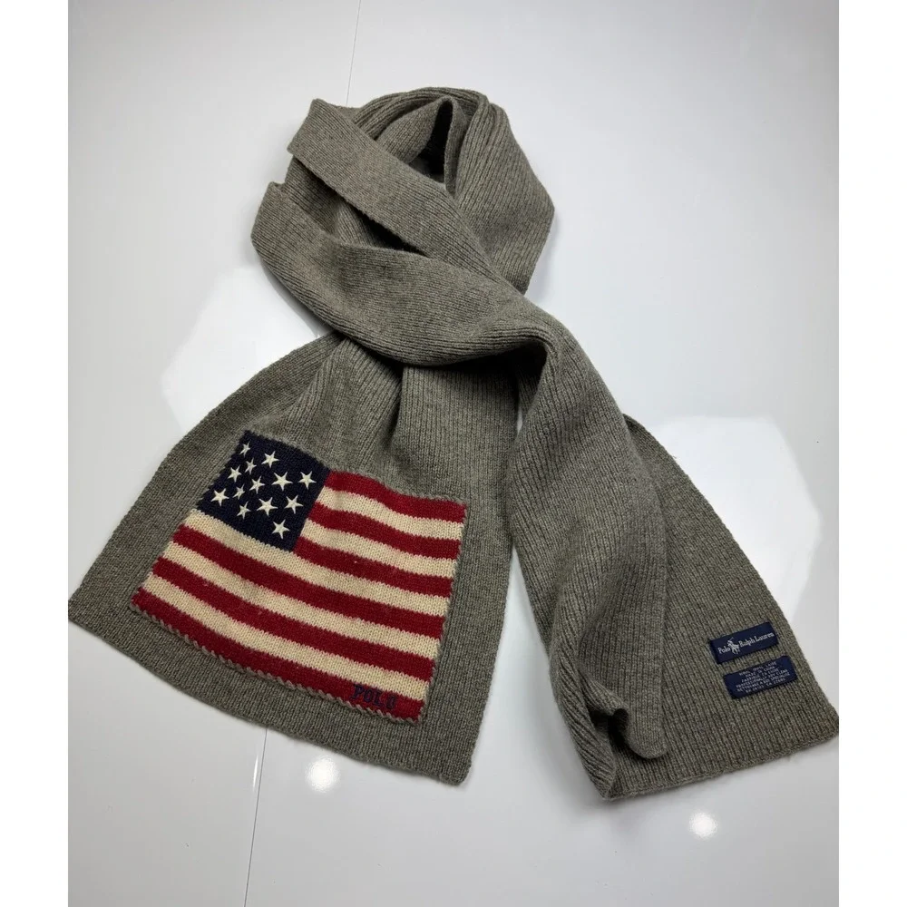 Vintage Polo Ralph Lauren USA Flag Knit Wool Scarf Gray Heather Mens Womens